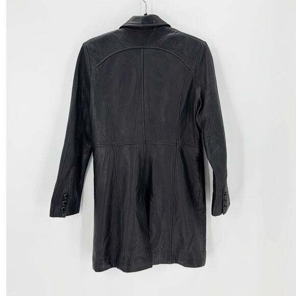Vintage Kenneth Cole black long leather coat size petite Medium 90s classic - Picture 2 of 6